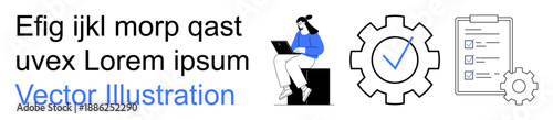 Workflow optimization, task management, project planning, team collaboration, productivity, office organization. Woman on laptop, gear with checkmark checklist. Workflow optimization and task