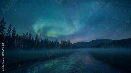A peaceful winter scene showcasing the northern lights' radiant glow illuminating a pine forest and a tranquil, misty valley.