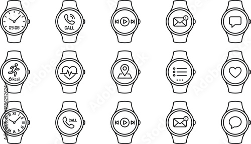 Smartwatch Interface Icon Set Featuring Health Fitness Tracking, Call Notifications, Music Control, Messaging, Heart Rate Monitor, and Digital Timepiece,