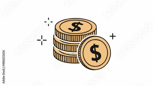 Stack of golden dollar coins with dollar signs.