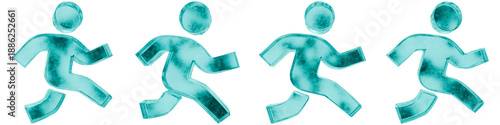 Fotografie Set of four 3D running walk shapes in frosted blue ice glass style, isolated on a transparent background