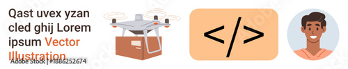 Delivery systems, software development, technology, education, creativity, future communication. quadcopter delivering a package, coding symbol smiling person. Delivery systems and software