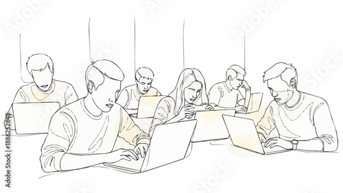 Students learning and working together on laptops in a classroom setting.