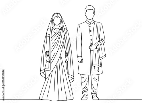 Indian Wedding Couple in Traditional Attire Bride in Saree and Groom in Sherwani Line Art