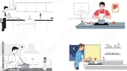 Man cooking romantic dinner in kitchen for Valentine, flat minimal illustration.