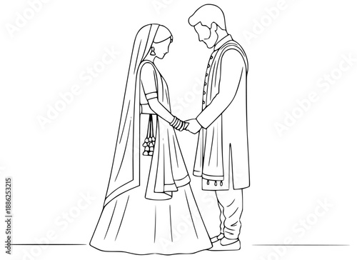 Elegant black and white line art depicting a newlywed couple in traditional Indian attire, hands clasped, symbolizing love, commitment, and a new beginning