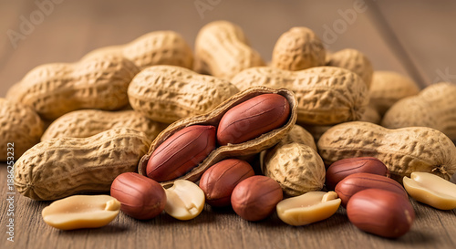 Wallpaper Mural Close-up of raw peanuts: whole, shelled, and split, on a warm wooden surface Torontodigital.ca