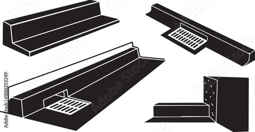Black and white illustration of various keyboard trays and desks