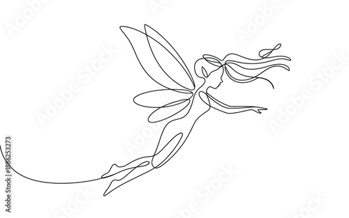 Dynamic Continuous Line Drawing of a Flying Fairy Magical Creature