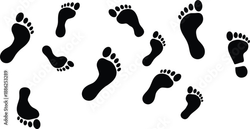 Black human footprints silhouette vector illustration set isolated on white background showing bare feet walking steps in different directions for tracking or path concepts.