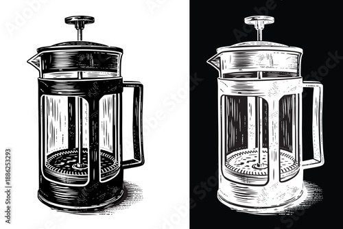 A hand-drawn of French Press coffee maker. This picture is suitable for cafe posters, vintage quote illustration, coffee menu or reference books on coffee making.