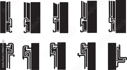 Various Black Window Hinges and Frames in Detailed Illustrations