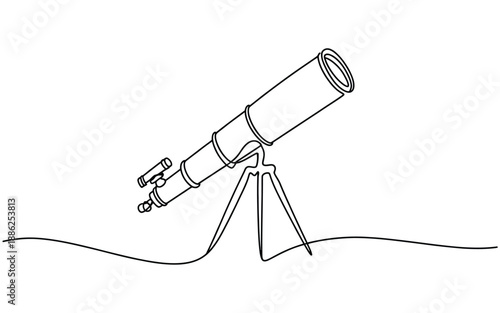 Single continuous line drawing of a telescope on its stand, a minimalist illustration in black outline, representing observation and learning.