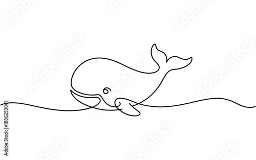 Single continuous line drawing of a smiling whale in the sea, a minimalist black outline symbolizing marine life and aquatic joy.