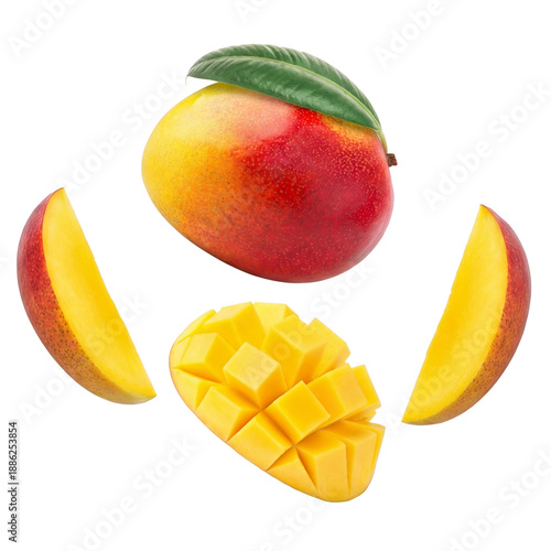 Photos whole ripe mango with leaf, showcasing its fiery red and golden yellow skin, alongside diced flesh and two slices on black
