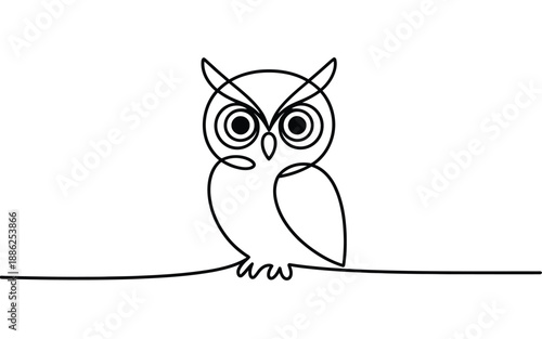 Wise owl perched on a branch, illustrated with a single continuous black line, conveying intelligence and nocturnal mystery.