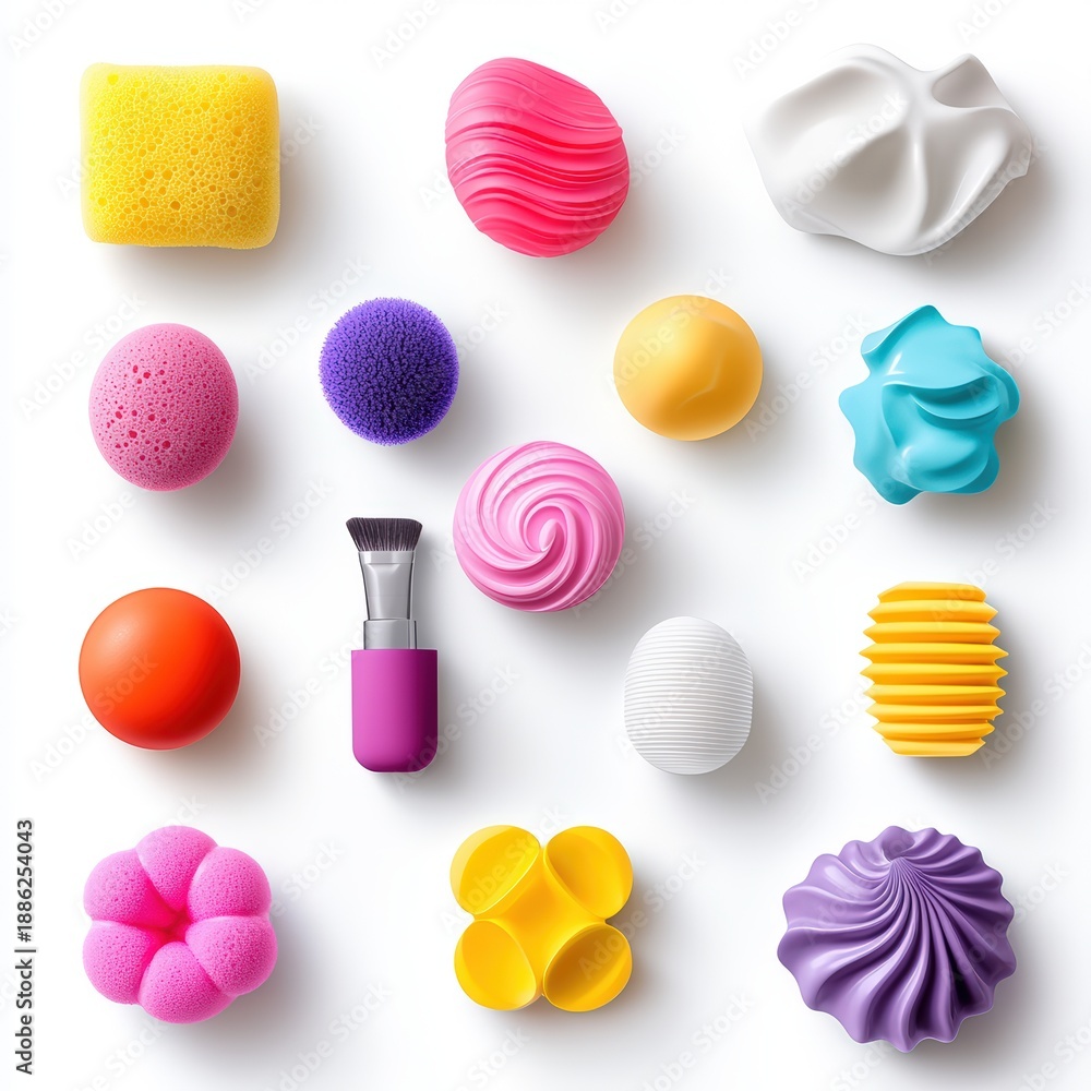 Obraz premium A creative composition of isolated beauty accessories like sponges, brushes, and applicators arranged in an artistic pattern against a white background. The vibrant colors and varied textures of the