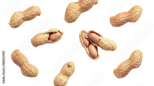 collection of various peanuts in shells, some cracked open, against a stark transparent background, showcasing natural textures and raw ingredients for healthy snacking and culinary uses.