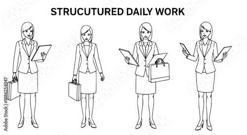 Businesswomen depicted in various professional stances, holding briefcases and tablets