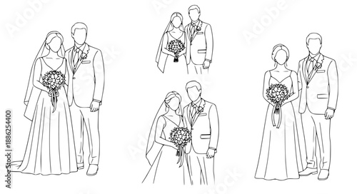 Collection of wedding couple line art illustrations showcasing bride and groom in various poses with bouquets