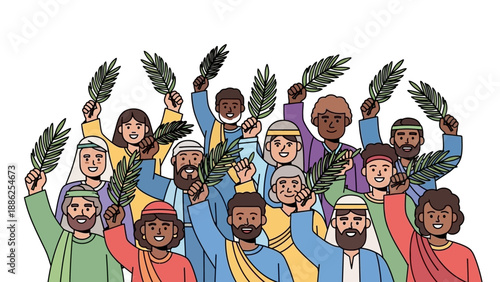 Group of People Holding Palm Branches.