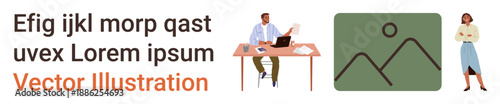 Team collaboration, business presentations, digital tools, content creation, workplace tasks, teamwork. Office worker at a desk with a laptop and standing colleague. Team collaboration and business
