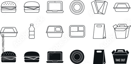 Food delivery icons, takeout packaging, hamburger, laptop ordering, paper bag, tray, container, black vector set, modern meal service, fast food