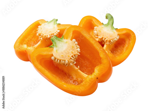 Ripe slice of pumpkin and fresh orange bell pepper isolated on white with healthy organic persimmon, raw red tomato, and sweet juicy paprika