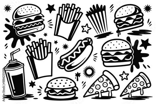 Fast food doodles, graffiti style black and white illustration featuring burgers, soda, pizza, street art snack icons.