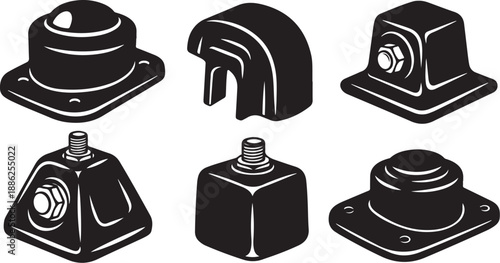 Industrial metal mounts and holders in black and white