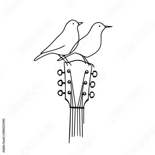 Two birds perched atop a guitar headstock in a simple black line drawing on a white background