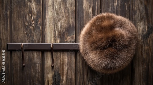 bearskin. Deep brown bearskin ushanka hat resting on a dark wooden coat rack. wildlife magazines, conservation campaigns, designed for wildlife conservation campaigns and eco-tourism storytelling.