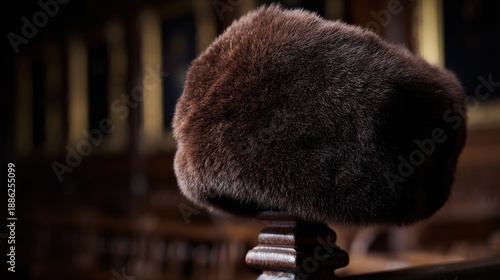 bearskin. Deep brown bearskin ushanka hat resting on a dark wooden coat rack. wildlife magazines, conservation campaigns, designed for wildlife conservation campaigns and eco-tourism storytelling.