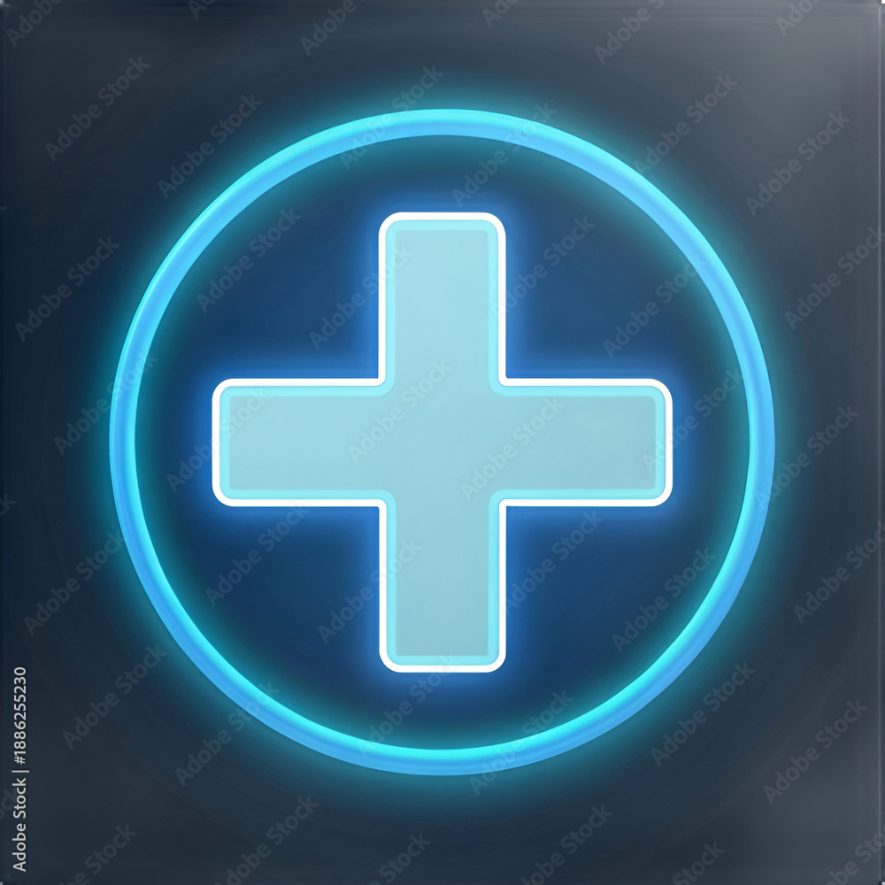 Obraz premium Futuristic neon plus sign emitting electric blue glow, floating on dark background.