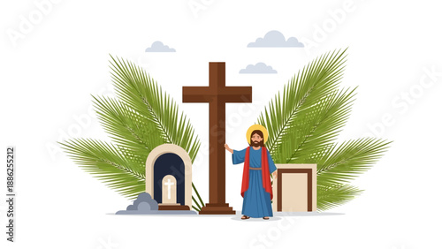 Jesus Christ Standing Near Cross Symbolizing Resurrection.