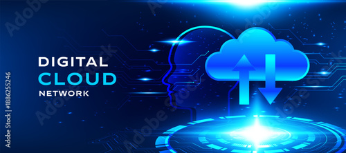 Digital cloud network technology with data upload and download icons, modern cloud computing and network connectivity concept. Abstract futuristic cloud data transfer background, vector design