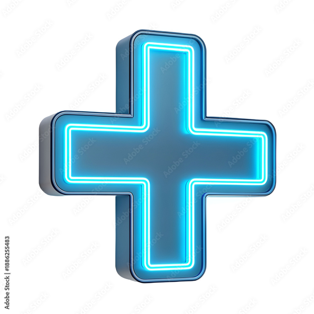 Fototapeta premium Futuristic neon plus sign emitting electric blue glow, floating on dark background.