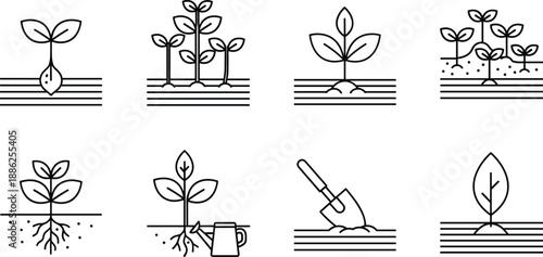 Set of black linear gardening icons including plant growth stages sprout in soil watering can shovel and organic farming symbols for professional designs.
