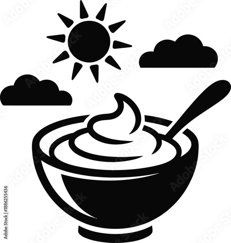 A minimalist black silhouette features a bowl of yogurt with a spoon under a shining sun.