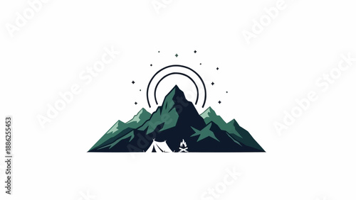 Stylized Mountain Range with Sun and Stars Graphic.
