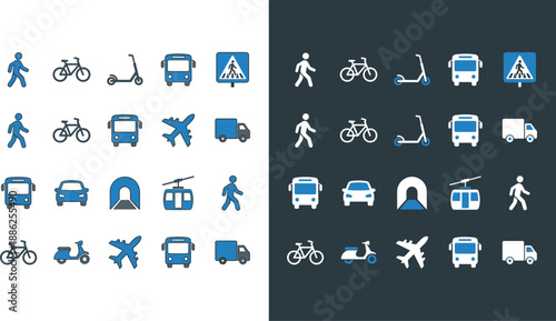 Transportation Icon Set Featuring Public Transit, Logistics, Urban Mobility, Pedestrian Safety, Vehicle Modes, and Commuter Travel Vector Line Illustrations,