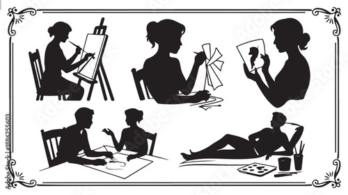 Female Artist Silhouettes in Various Creative Poses with Art Supplies in Black and White Illustration for Artistic Inspiration