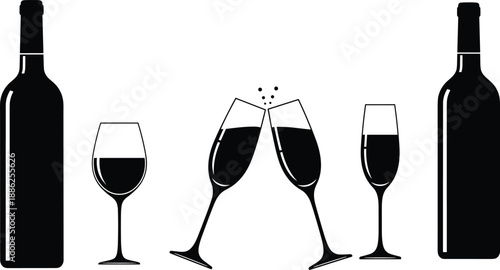 Wine bottle and glass silhouette illustration set, champagne toast with bubbles, festive drinkware layout, cad drawing flat vector artwork, black and white