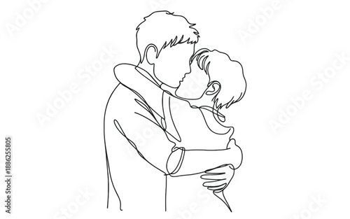 Minimalist continuous line drawing of a romantic couple kissing and hugging, expressive modern art of love