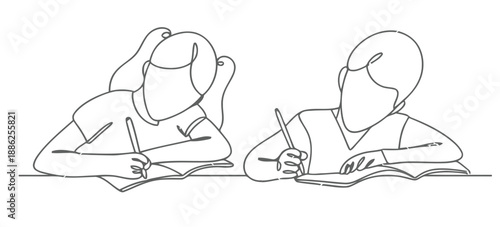 Continuous line drawing of two children sitting at a desk and writing in notebooks, education and back to school concept