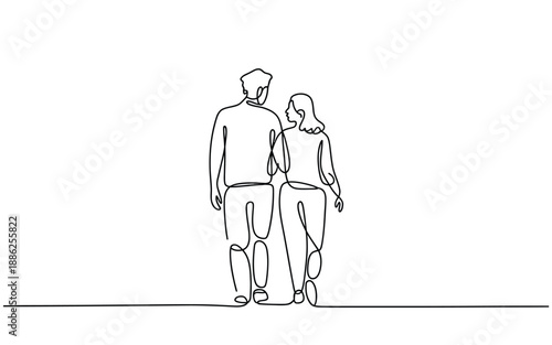 One line drawing of a man and woman walking together side by side, back view of a couple strolling in minimalist style