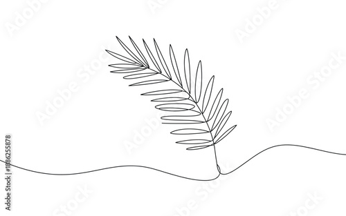 Minimalist continuous line drawing of a tropical palm leaf frond, modern botanical wall art vector illustration
