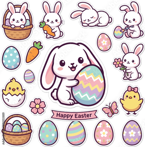Cute Easter Bunny Vector Illustration. White rabbit holding colorful painted egg sticker