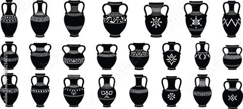 Ancient Greek amphorae illustration set, decorative pottery with geometric and floral patterns, cad drawing flat vector artwork, black and white theme