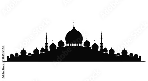 Vector illustration of a mosque masjid silhouettes against a white background, symbolizing Islam and Muslim culture during lebaran ied mubarak and ramadan kareem celebrations.